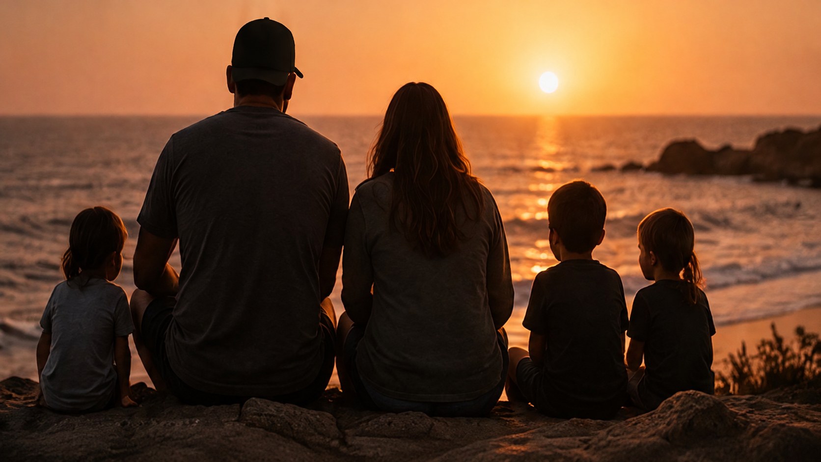 Illustrative family watching the sunset